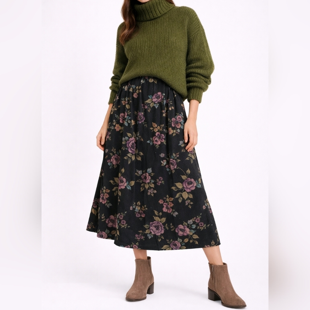 VINTAGE WORTHINGTON Floral Midi Skirt | 6 | Black Botanical | Romantic Boho